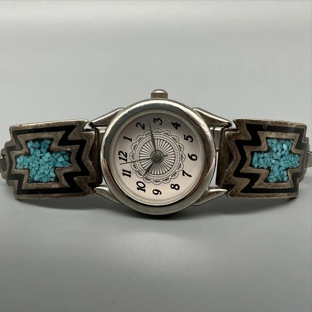 Southwest Womens Watch 23mm Signed Sterling Turquoise Watch Tips New Battery